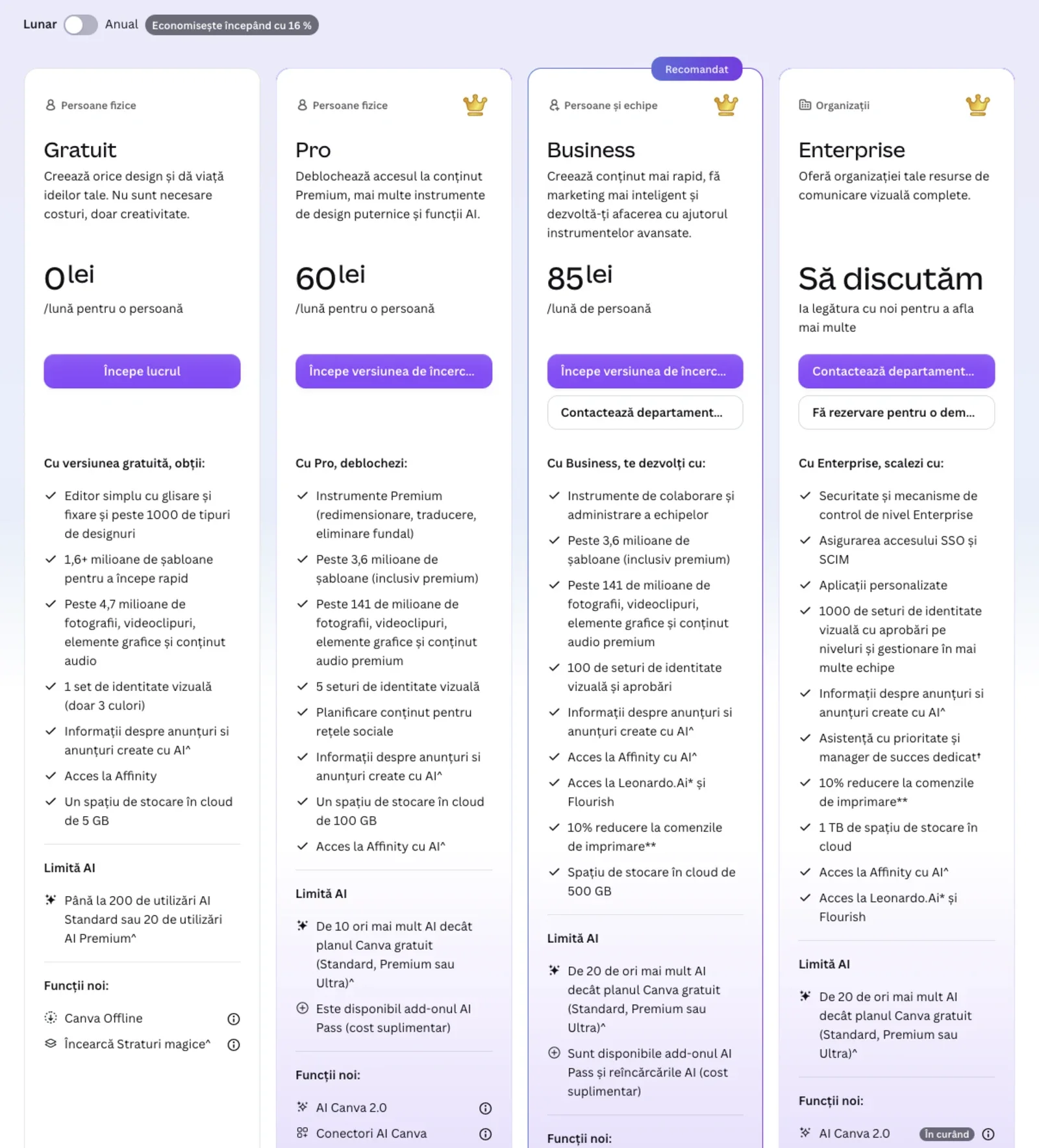 Pagina oficială de prețuri Canva în limba română: planurile Gratuit, Pro, Business și Enterprise cu prețuri în lei